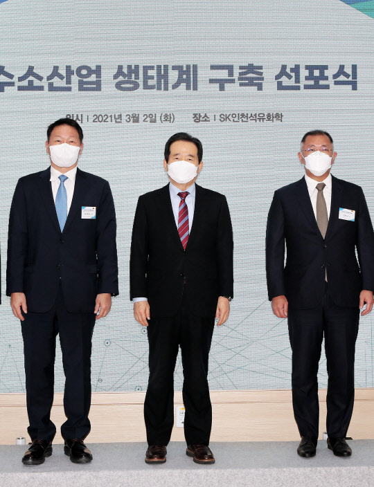 2일 오후 인천시 서구 원창동에 있는 SK인천석유화학에서 열린 수소산업 생태계 구축 선포식에서 정세균(가운데) 국무총리와 정의선(오른쪽) 현대자동차그룹 회장, 최태원 SK그룹 회장이 기념사진을 찍고 있다. <SK그룹 제공>